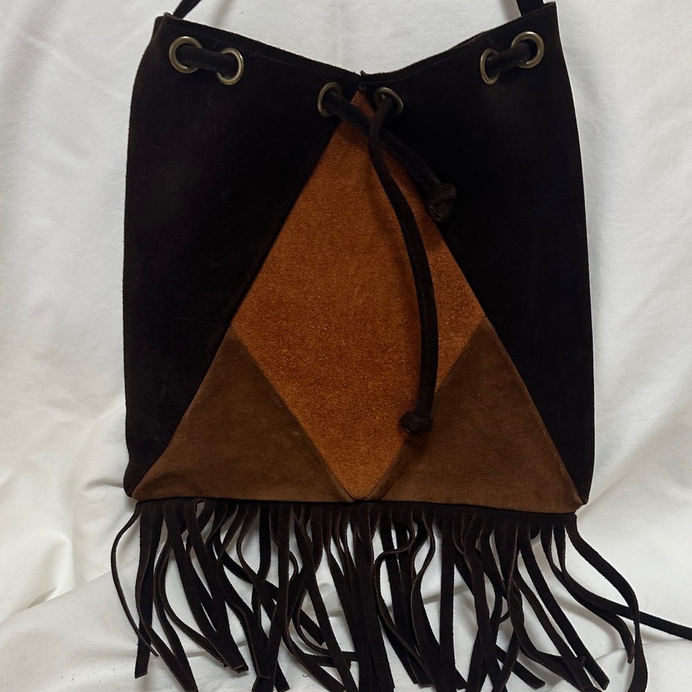 Vintage Two-Tone Suede Fringe Drawstring Shoulder Bag - Black & Brown - Picture 6 of 8